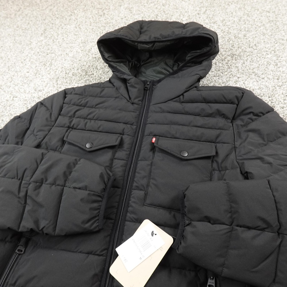 NEW Levis Jacket Mens M Black Insulated Hooded Full Zip Puffer Coat Quilted Work